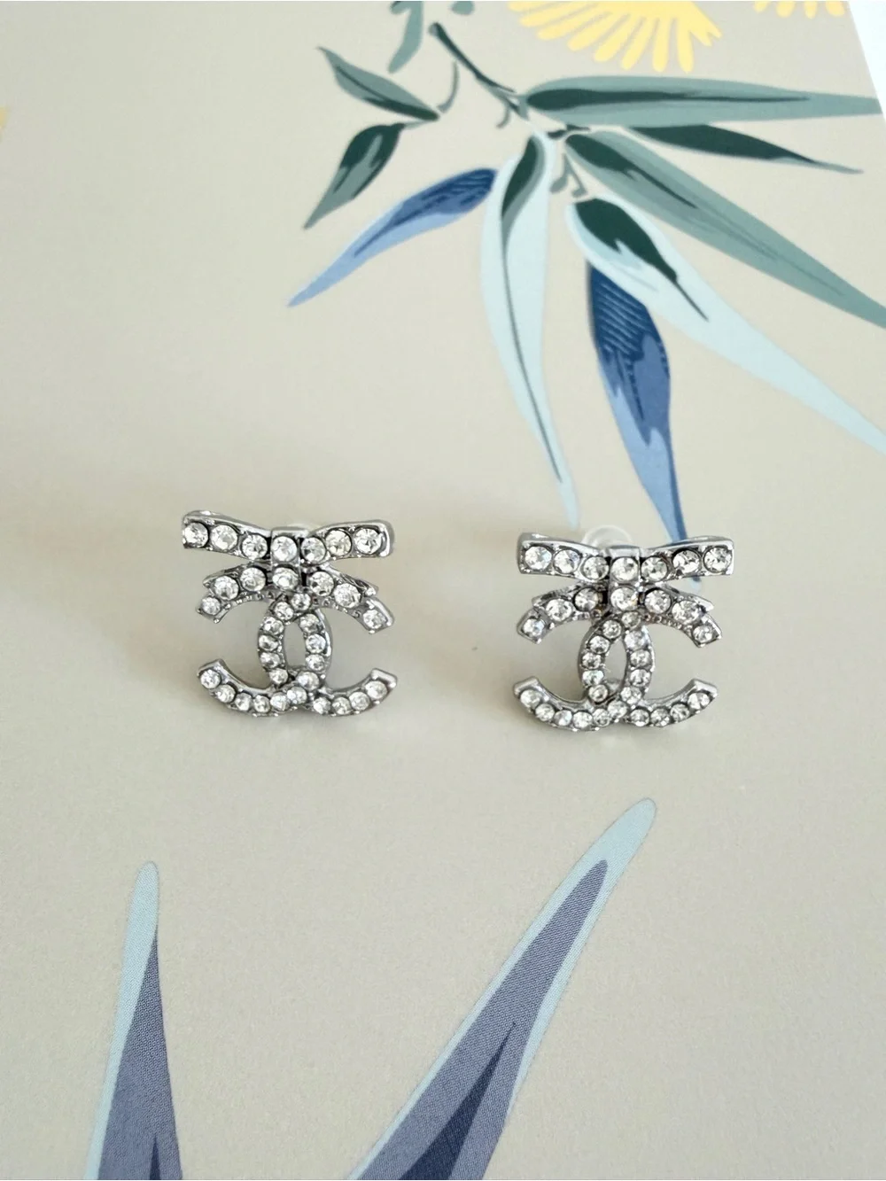 Crystal CC Bow Stud Earrings - Silver Tone